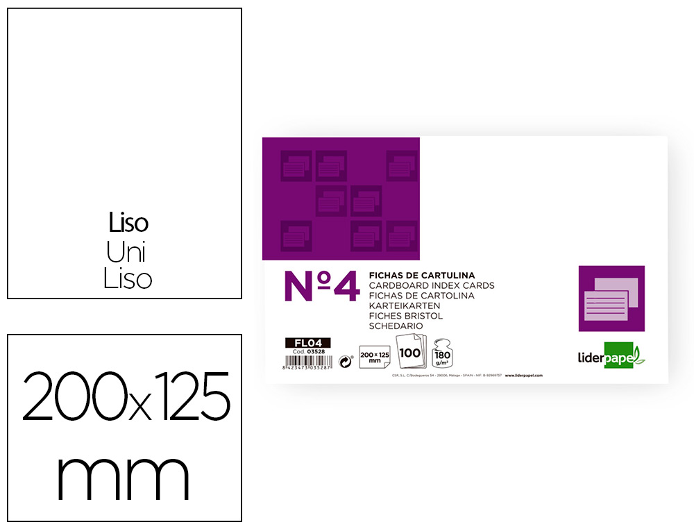 FICHA LIDERPAPEL LISA N4 125X200MM PAQUETE DE 100 180G