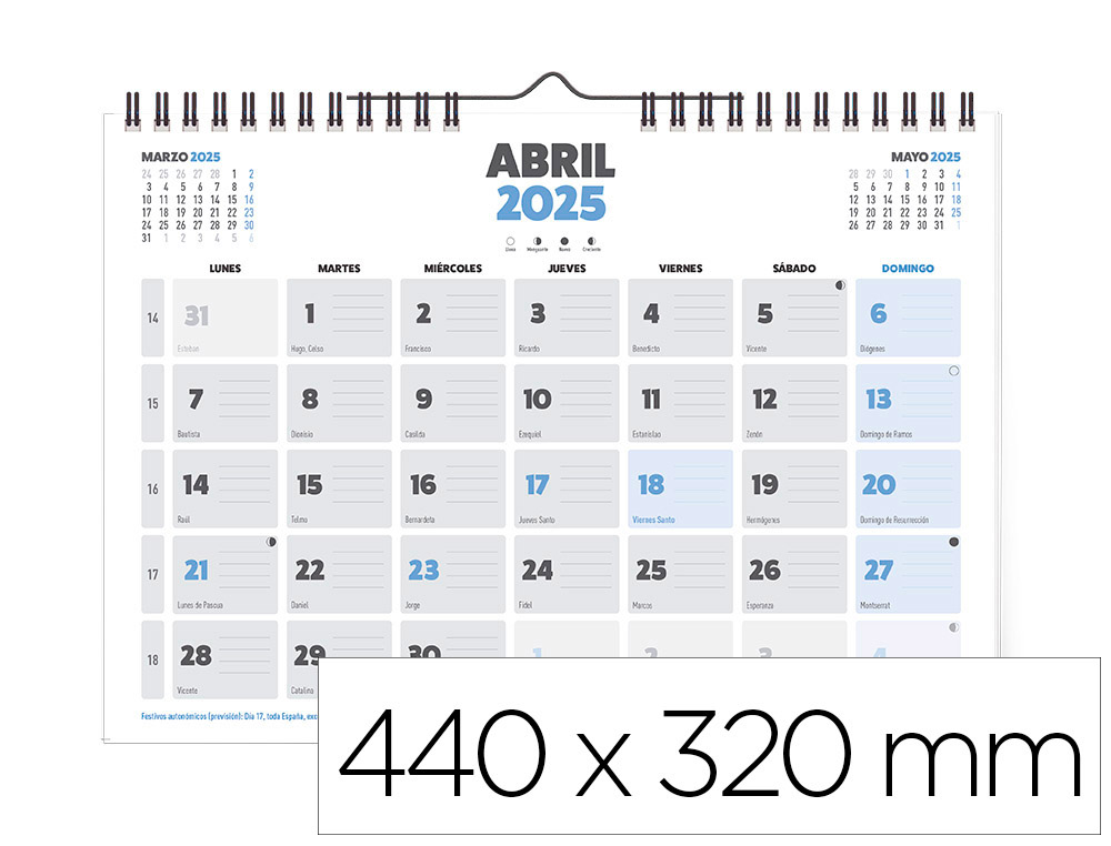 CALENDARIO PARED LIDERPAPEL CLASICO 2025 ESPIRAL 44X32 CM PAPEL 128 GR