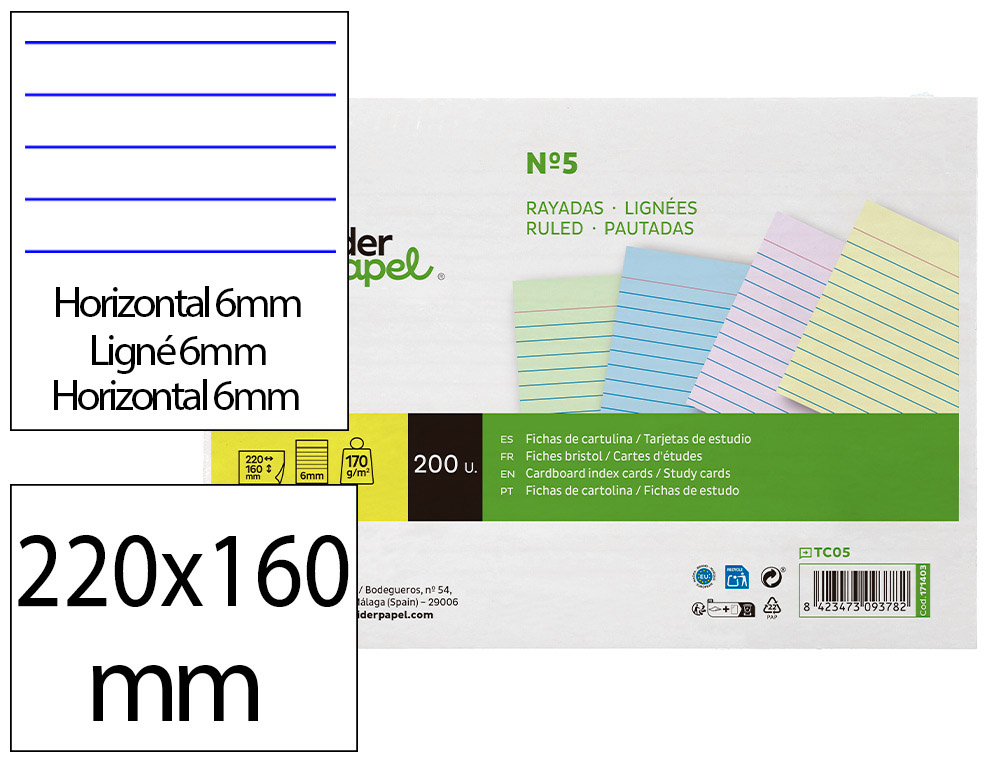 TARJETA LIDERPAPEL PARA ESTUDIAR RAYADA CARTULINA DE COLORES 170 GR/M2 160X220MM PAQUETE DE 200 UNIDADES