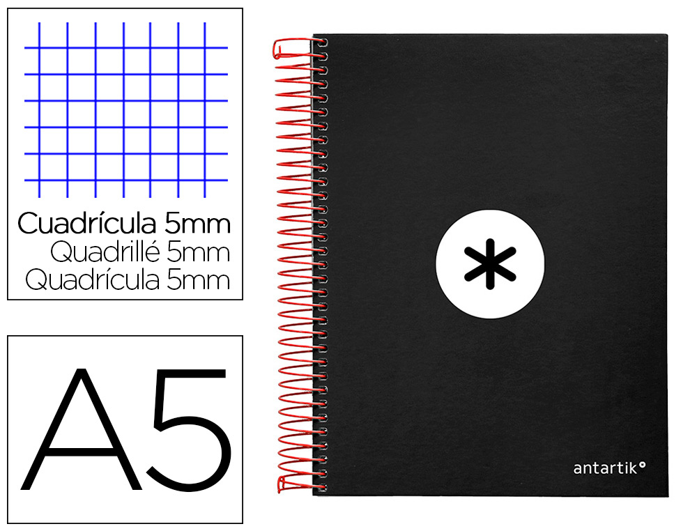 CUADERNO ESPIRAL A5 MICRO ANTARTIK TAPA FORRADA120H 90 GR CUADRO 5MM 5 BANDAS6 TALADROS COLOR NEGRO