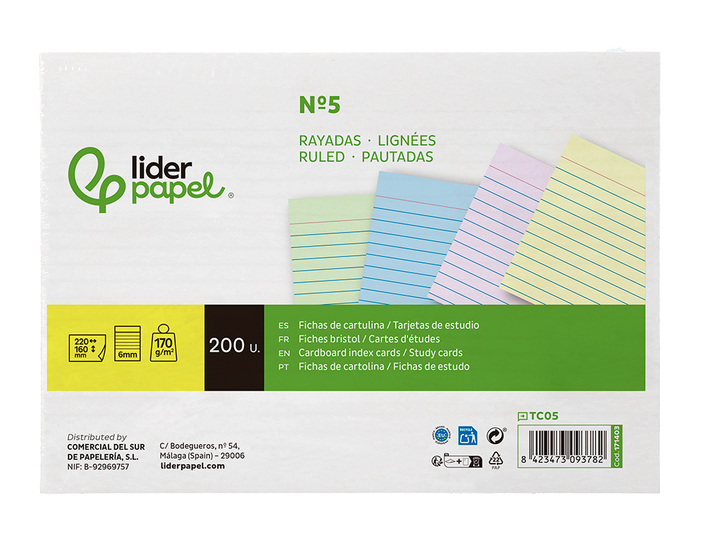 TARJETA LIDERPAPEL PARA ESTUDIAR RAYADA CARTULINA DE COLORES 170 GR/M2 160X220MM PAQUETE DE 200 UNIDADES