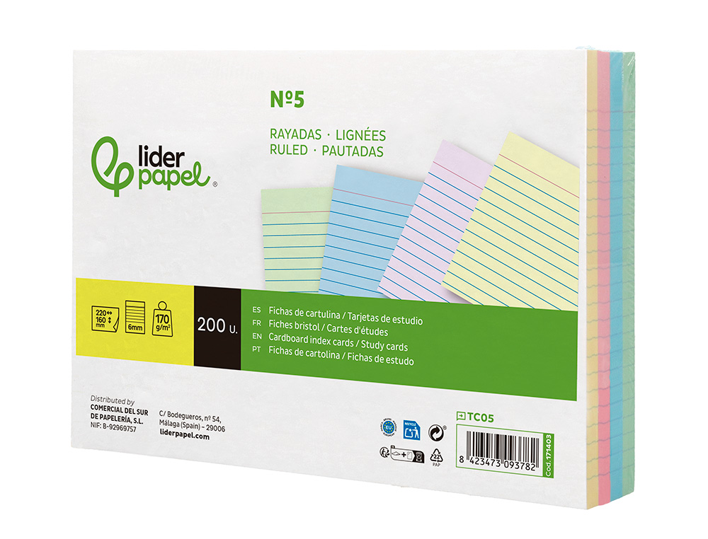 TARJETA LIDERPAPEL PARA ESTUDIAR RAYADA CARTULINA DE COLORES 170 GR/M2 160X220MM PAQUETE DE 200 UNIDADES