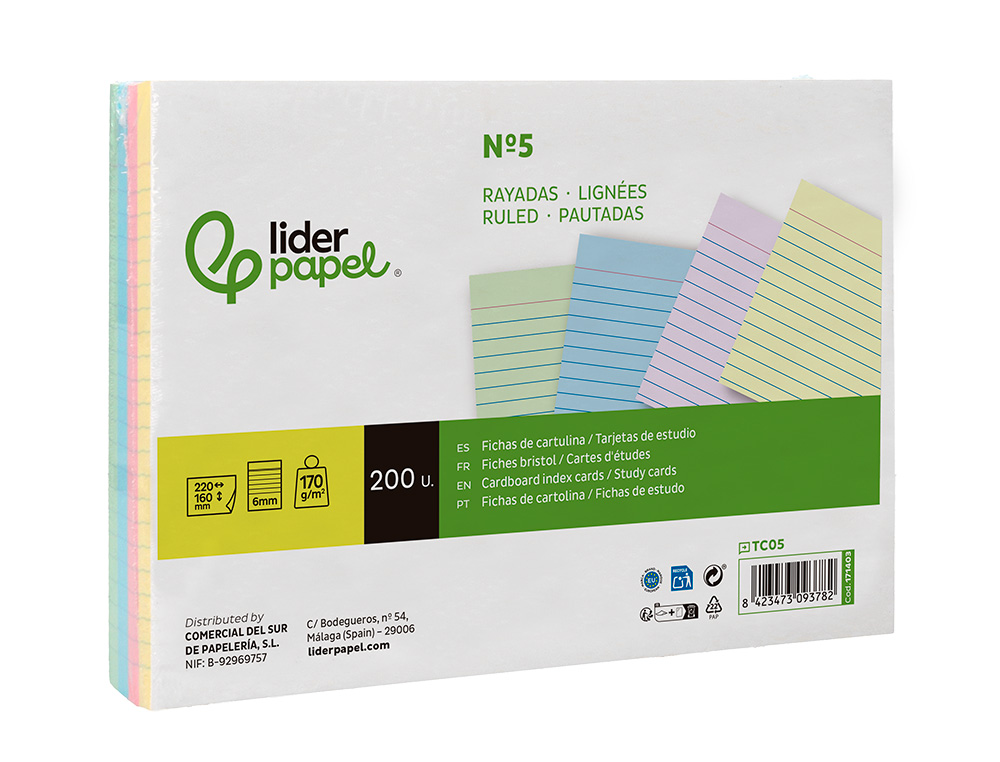 TARJETA LIDERPAPEL PARA ESTUDIAR RAYADA CARTULINA DE COLORES 170 GR/M2 160X220MM PAQUETE DE 200 UNIDADES