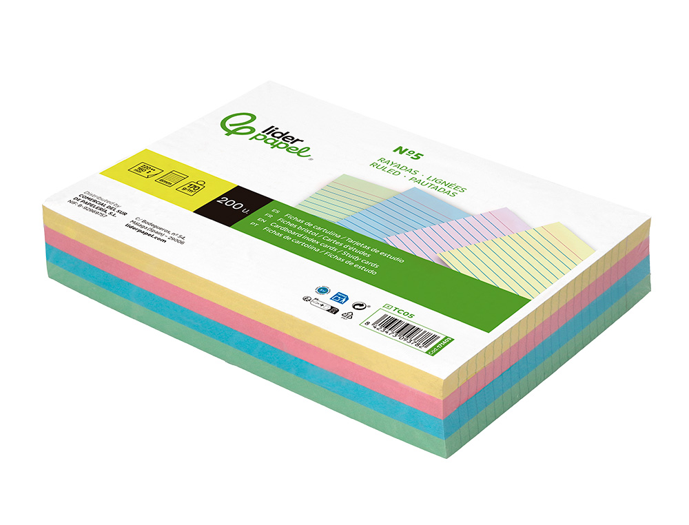 TARJETA LIDERPAPEL PARA ESTUDIAR RAYADA CARTULINA DE COLORES 170 GR/M2 160X220MM PAQUETE DE 200 UNIDADES