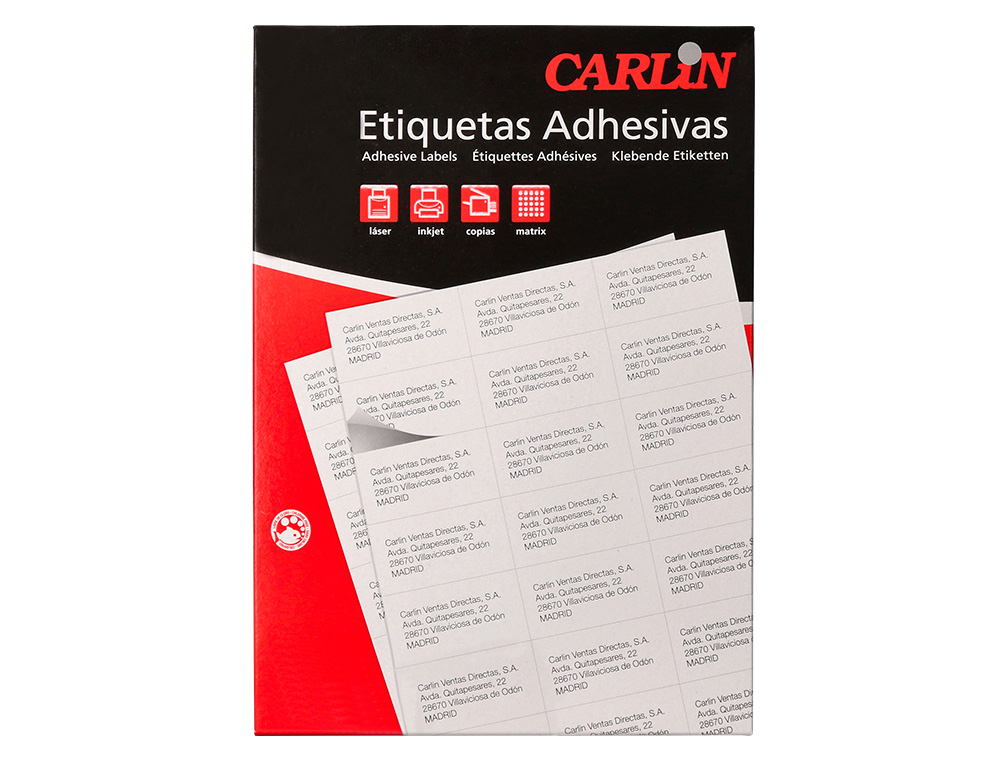 ETIQUETA ADHESIVA CARLIN 105X148 MM FOTOCOPIADORA LASER INK-JET CAJA DE 100 HOJAS DIN A4