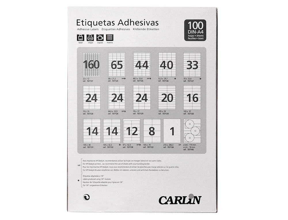 ETIQUETA ADHESIVA CARLIN 105X148 MM FOTOCOPIADORA LASER INK-JET CAJA DE 100 HOJAS DIN A4