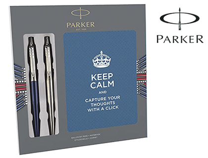 BOLIGRAFO PARKER JOTTER ACERO + AZUL + BLOC EXPOSITOR DE 9 SETS REGALO