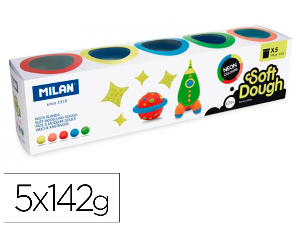 PASTA MILAN PARA MODELAR SOFT DOUGH NEON CAJA DE 5 BOTES COLORES SURTIDOS 142 G