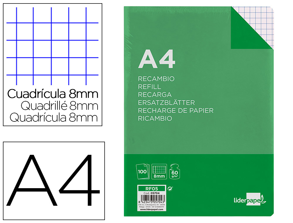 RECAMBIO LIDERPAPEL A4 100 HOJAS 60G/M2 CUADRO 8MM CON MARGEN 4 TALADROS