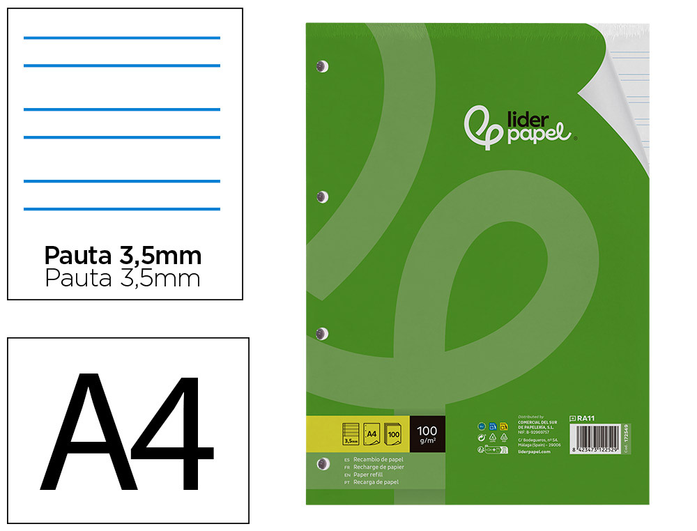 RECAMBIO LIDERPAPEL A4 100 HOJAS 100G/M2 PAUTA 3,5MM CON MARGEN 4 TALADROS