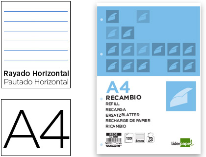 RECAMBIO LIDERPAPEL A4 120 HOJAS 70G/M2 HORIZONTAL SIN MARGEN 4 TALADROS BANDAS DE 5 COLORES